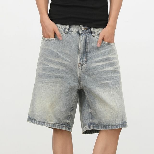 pinkdropper-Mid Rise Washed Denim Shorts