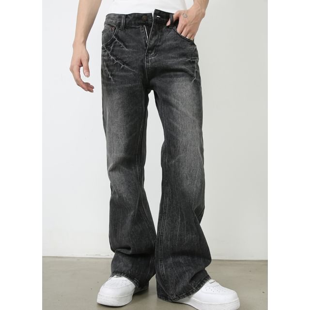 pinkdropper-Mid Rise Washed Flared Jeans