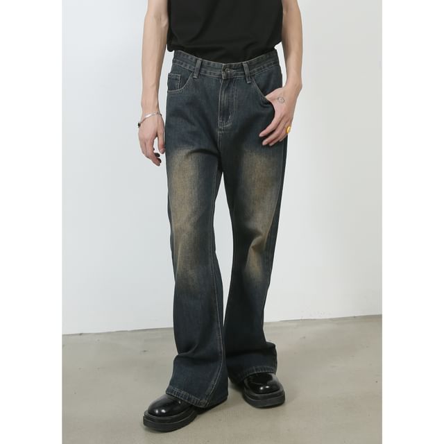 pinkdropper-Mid Rise Washed Flared Jeans