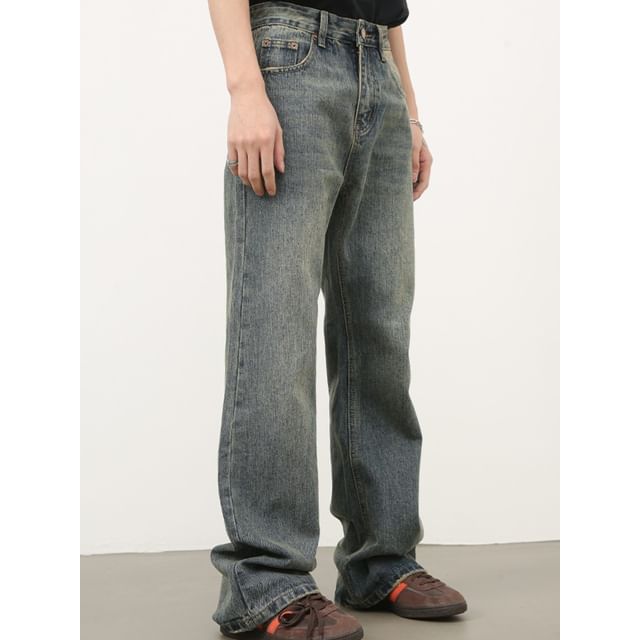 pinkdropper-Mid Rise Washed Flared Jeans