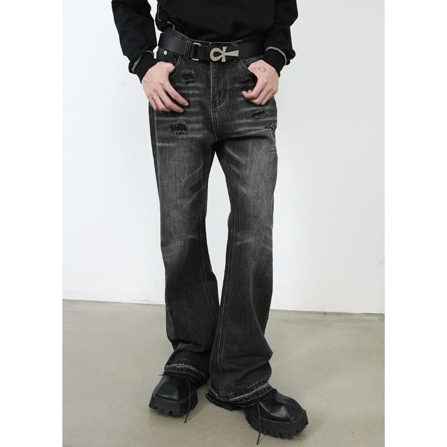 pinkdropper-Mid Rise Washed Frayed Distressed Flared Jeans