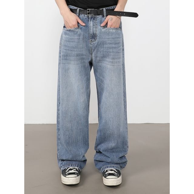 pinkdropper-Mid Rise Washed Straight Leg Jeans