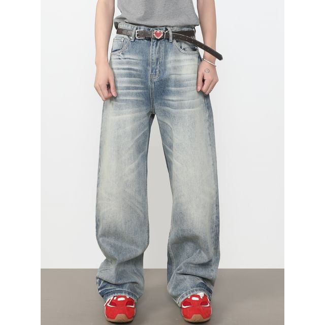 pinkdropper-Mid Rise Washed Straight Leg Jeans