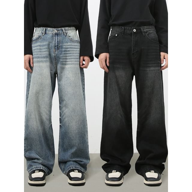 pinkdropper-Mid Rise Washed Straight Leg Jeans