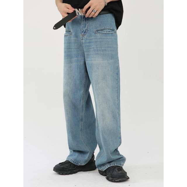 pinkdropper-Mid Rise Washed Wide Leg Jeans