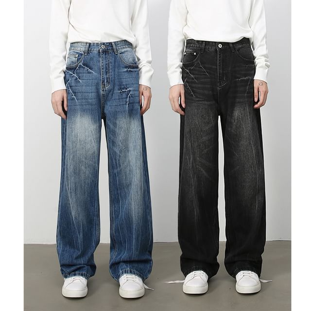 pinkdropper-Mid Rise Washed Wide Leg Jeans