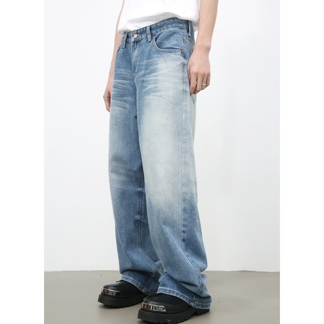 pinkdropper-Mid Rise Washed Wide Leg Jeans