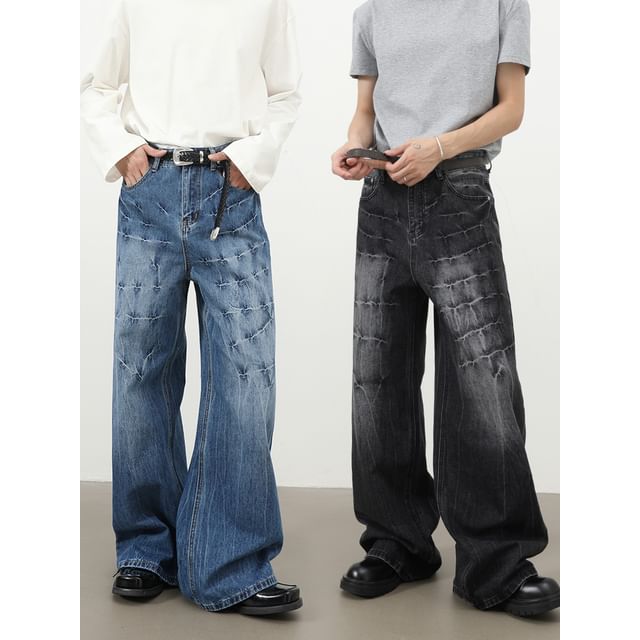 pinkdropper-Mid Rise Washed Wide Leg Jeans