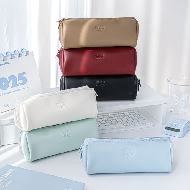 pinkjuava - Lettering Debossed Faux Leather Pencil Case | YesStyle