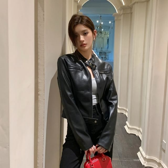 PINPI-Band Collar Plain Faux Leather Zip Jacket