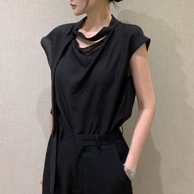 PINPI-Cap-Sleeve Cowl Neck Plain Blouse