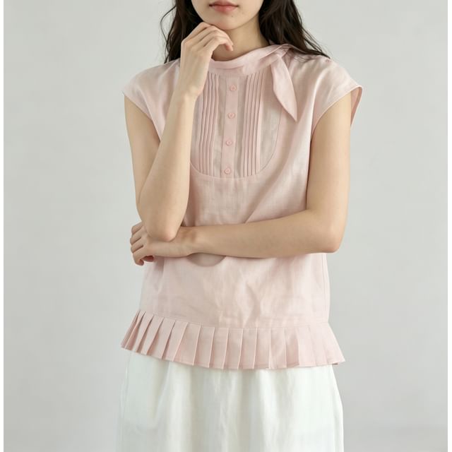 PINPI-Cap-Sleeve Mock Neck Plain Pintuck Pleated Hem Blouse