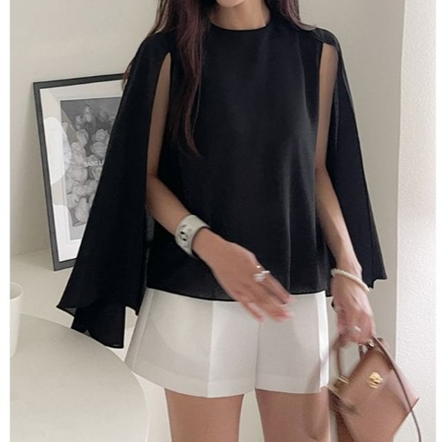 PINPI-Cape Sleeve Crew Neck Plain Blouse