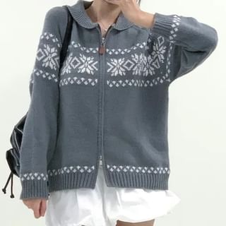 PINPI-Collared Patterned Zip Cardigan