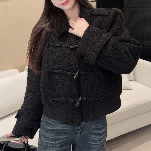 PINPI-Collared Plain Faux Leather Toggle Jacket