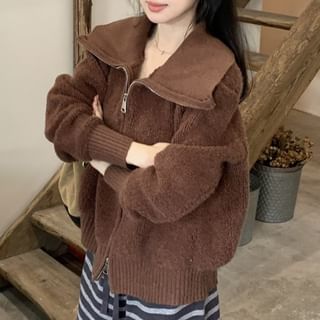 PINPI-Collared Plain Zip-up Cardigan