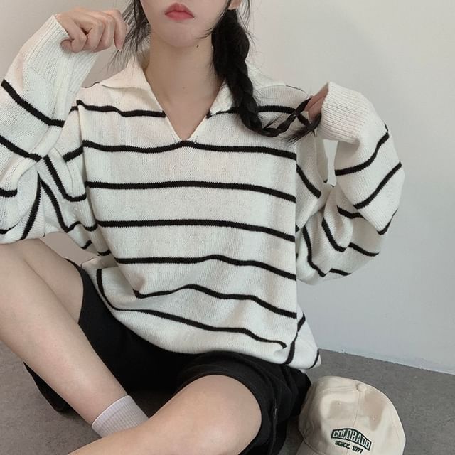PINPI-Collared V-Neck Striped Sweater