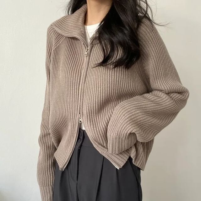 PINPI-Collared Zip-Up Plain Crop Cardigan
