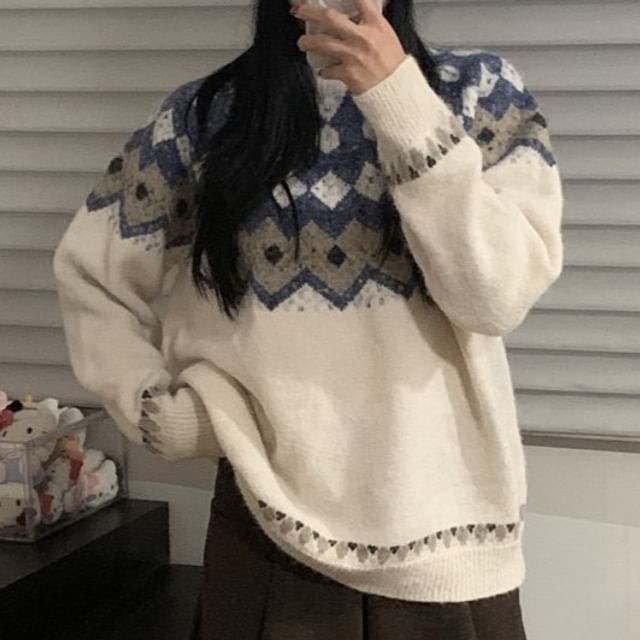 PINPI-Crew Neck Patterned Oversized Sweater