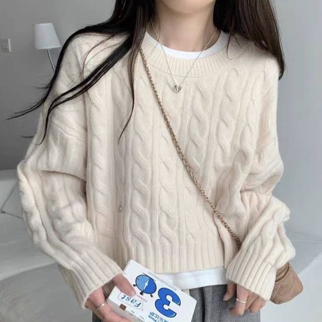 PINPI-Crew Neck Plain Cable Knit Crop Sweater