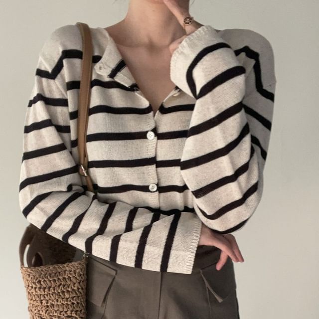 PINPI-Crew Neck Striped Button-Up Sheer Cardigan