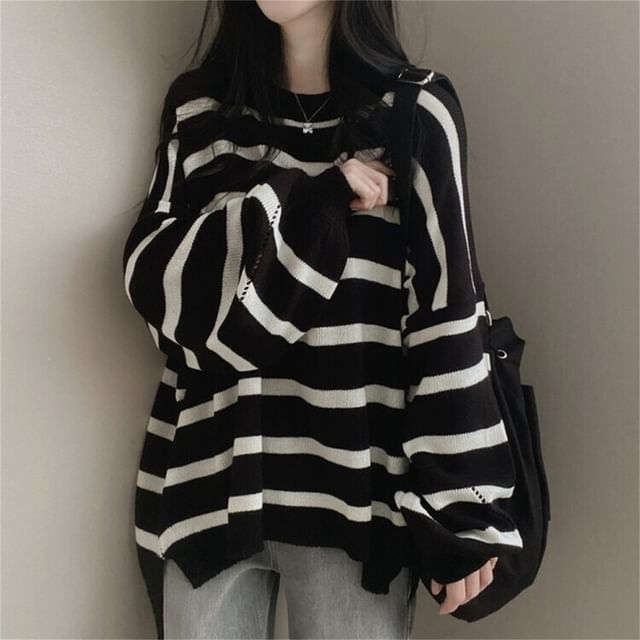 PINPI-Crew Neck Striped Sweater