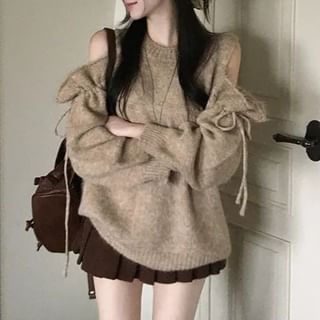 PINPI-Crewneck Cold Shoulder Plain Sweater