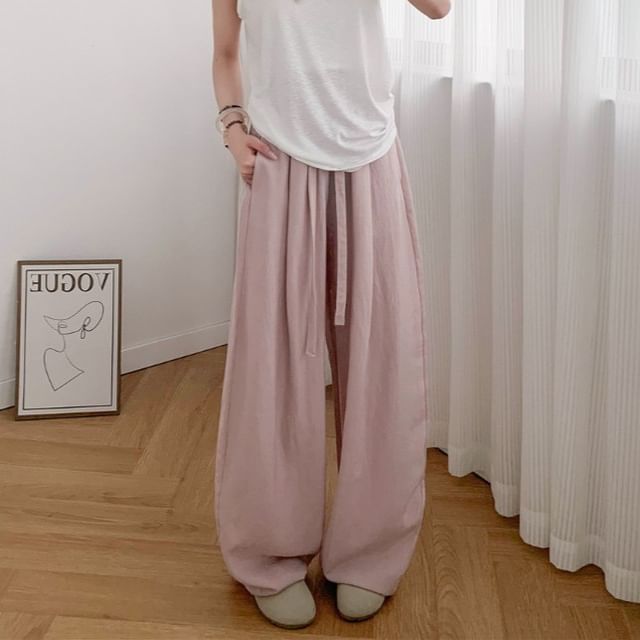 PINPI-Drawstring Waist Plain Baggy Pants Various Designs