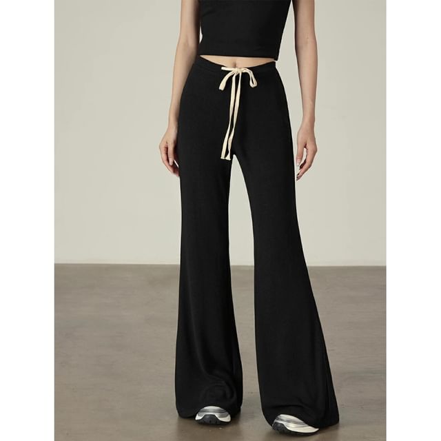 PINPI-Drawstring Waist Plain Flared Pants Various Designs