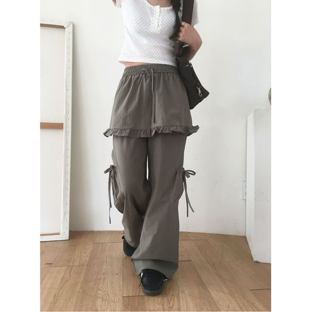 PINPI-Drawstring Waist Plain Ruffle Trim Baggy Pants