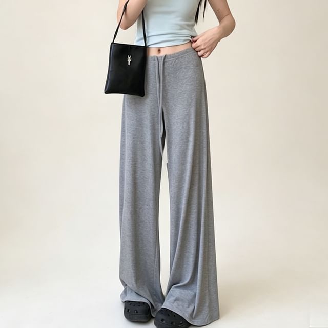 PINPI-Drawstring Waist Plain Wide Leg Sweatpants