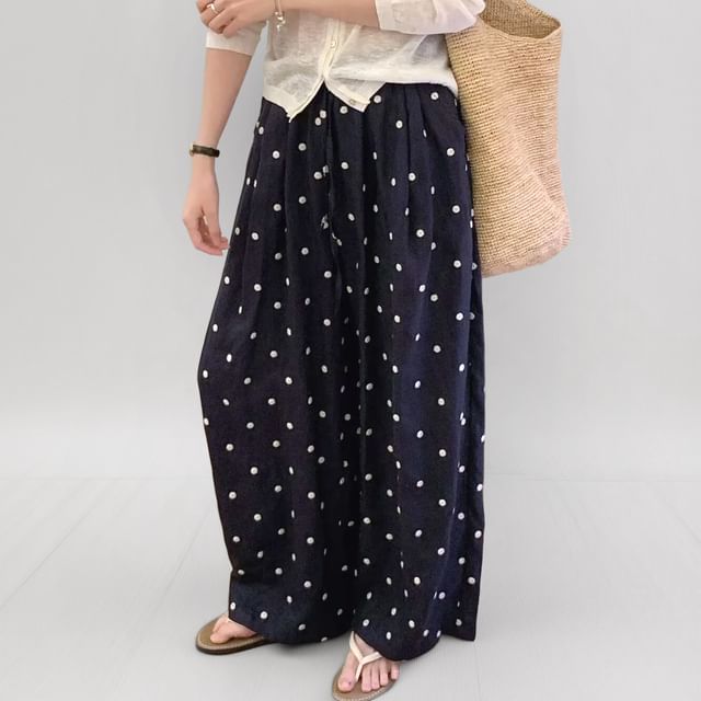 PINPI-Drawstring Waist Polka Dot Baggy Pants