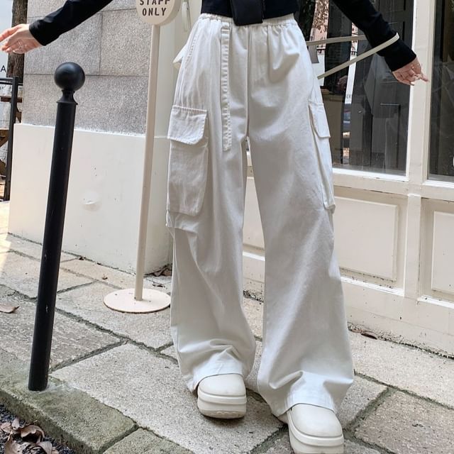 PINPI-Elastic Waist Plain Wide Leg Cargo Pants
