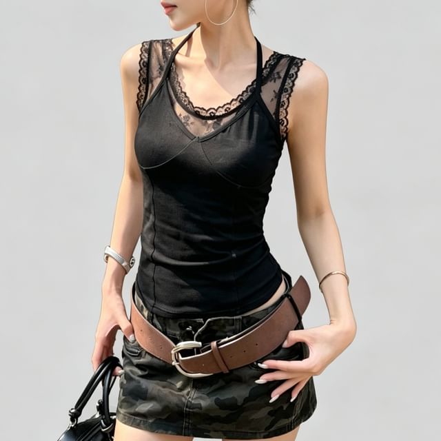 PINPI-Halter Plain Mock Two Piece Panel Lace Tank Top