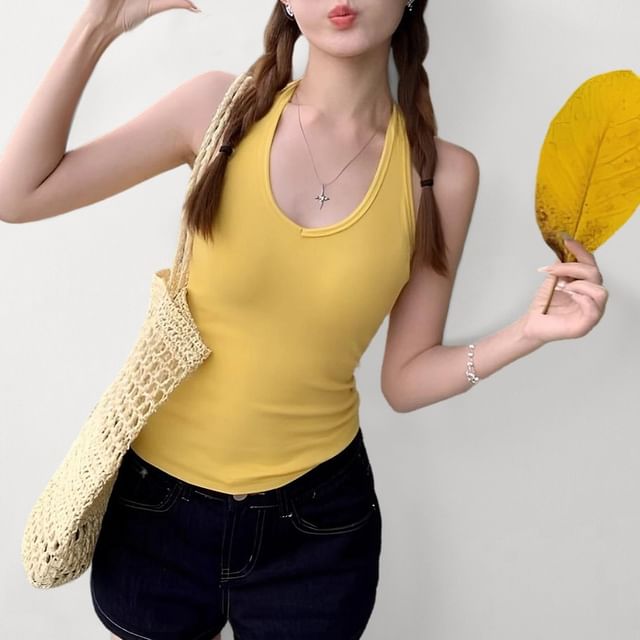 PINPI-Halter V-Neck Plain Open Back Crop Top