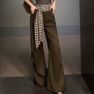 PINPI-High Rise Plaid Panel Knot Flared Pants