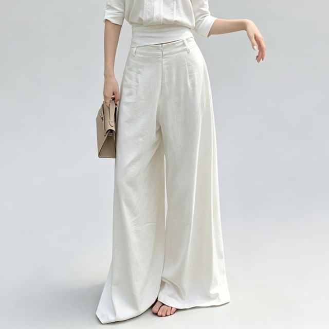 PINPI-High Waist Plain Tie Back Wide Leg Pants