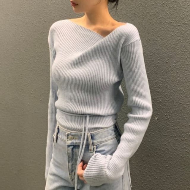 PINPI-Long-Sleeve Asymmetrical Neck Plain Sashed Ribbed Knit Top