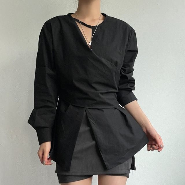 PINPI-Long-Sleeve Asymmetrical Plain Shirt