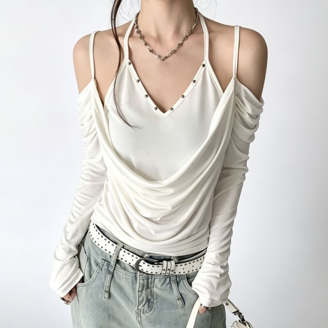 PINPI-Long Sleeve Cold Shoulder Plain Studded Mock Two Piece Ruched T-Shirt