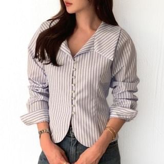 PINPI-Long-Sleeve Collared Pinstriped Button-Up Slit Blouse