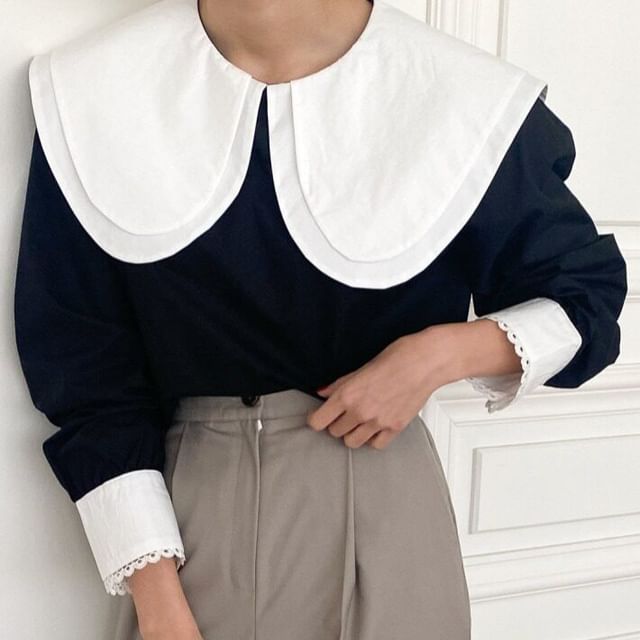PINPI-Long-Sleeve Collared Two Tone Blouse