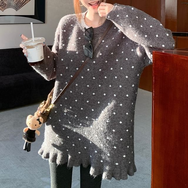 PINPI-Long-Sleeve Crew Neck Dotted Mini Sweater Dress