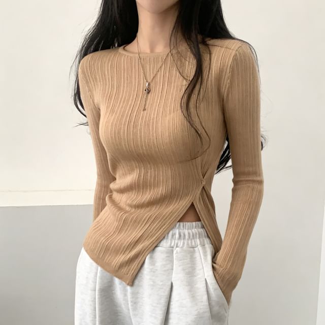PINPI-Long-Sleeve Crew Neck Plain Side-Slit Ribbed Top