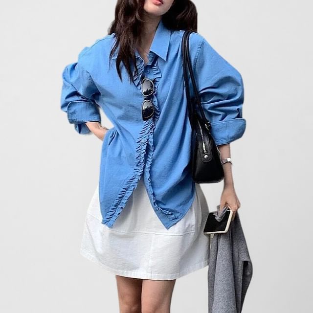 PINPI-Long-Sleeve Frill Trim Button-Up Plain Shirt