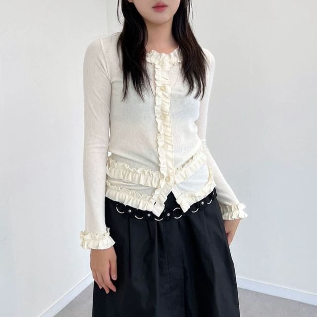 PINPI-Long-Sleeve Frill Trim Plain Top
