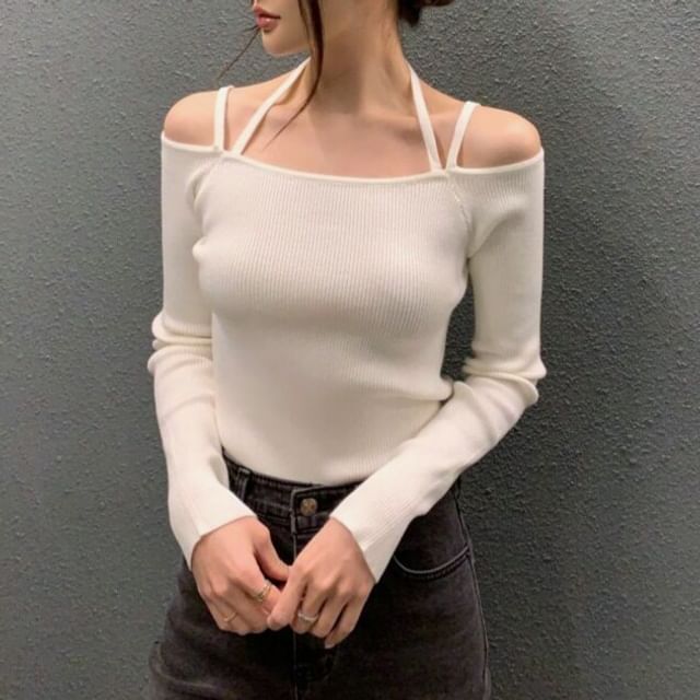 PINPI-Long-Sleeve Halter Neck Plain Knit Top