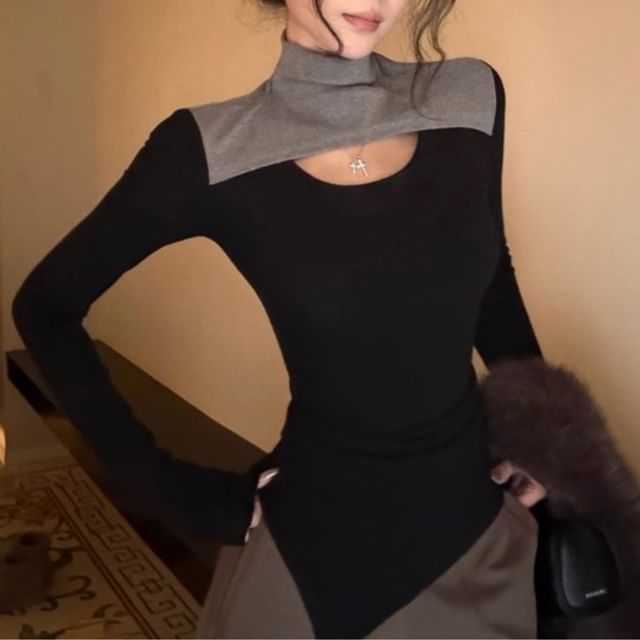 PINPI-Long-Sleeve Mock Neck Cutout Asymmetrical Plain Top