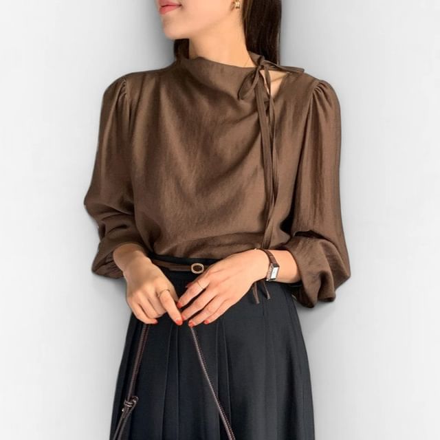 PINPI-Long-Sleeve Mock Neck Plain Cutout Blouse