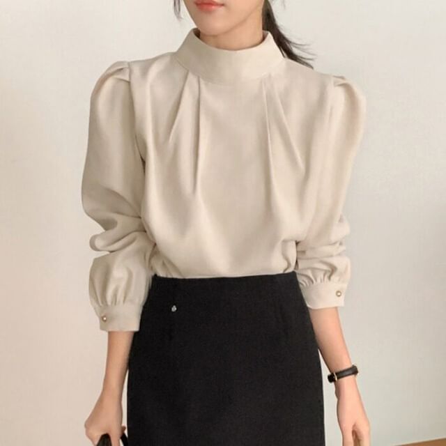 PINPI-Long-Sleeve Mock Neck Plain Ruched Blouse